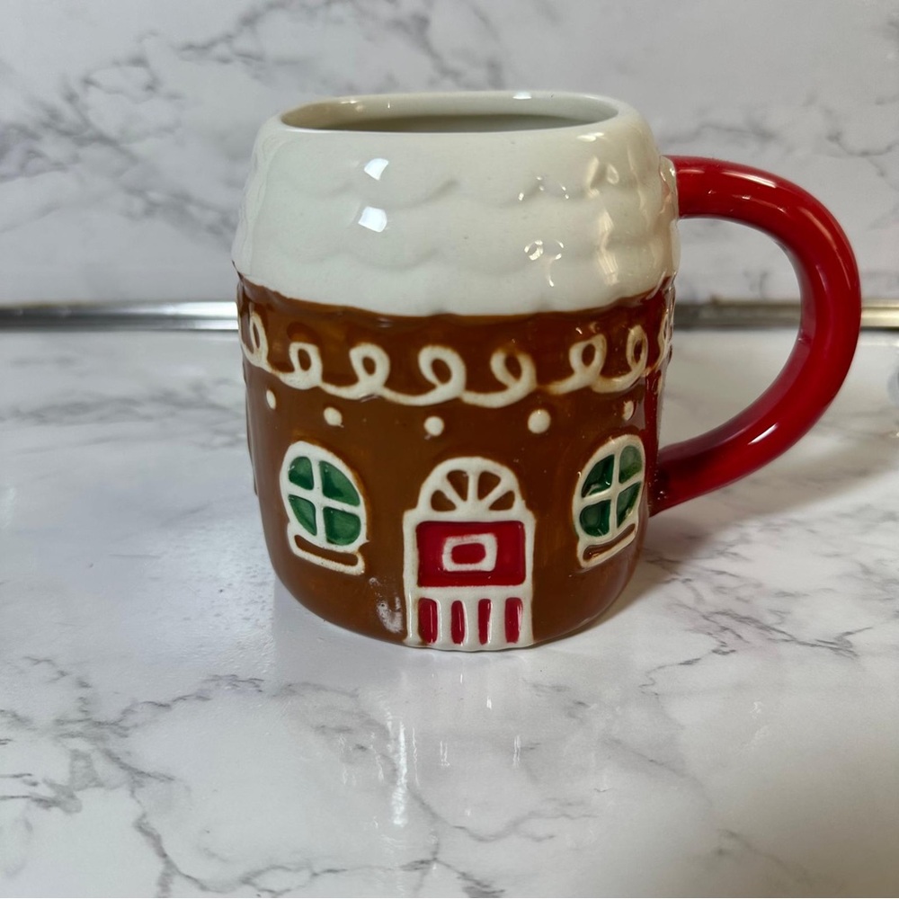 Festive Gingerbread House Mug with Red Handle